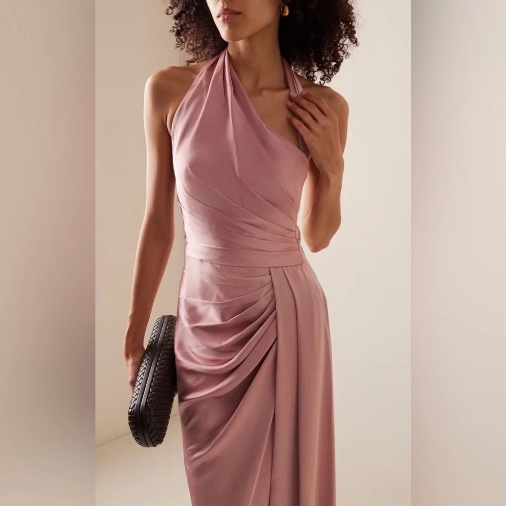 Zuhair Murad Asymmetric Draped Satin Gown Pink Maxi Dress
